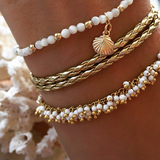 Alloy Rice Beads Tassel Shell 3 Set Anklets