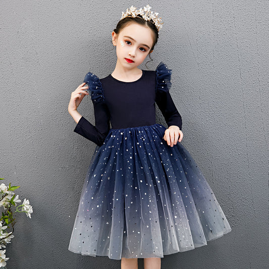 Autumn New Girls Dress Starry Sky Mesh Bubble Skirt